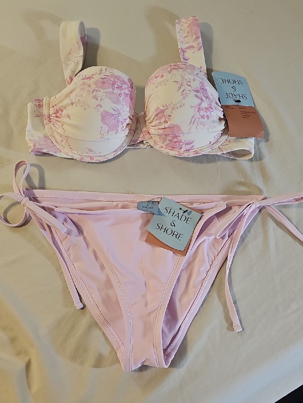 Shade & Shore Bikini: Light Pink Floral Swim Top with Solid Tie-Side Bottoms